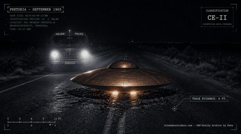 Illustration of the copper-colored, domed disc-shaped UFO reported resting on the Pretoria–Bronkhorstspruit highway by South African police constables in September 1965