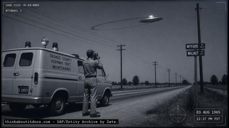 Dossier-style illustration of the 1965 Rex Heflin sighting showing a highway worker photographing a silver dome-topped disc passing low over a rural road near Santa Ana, California