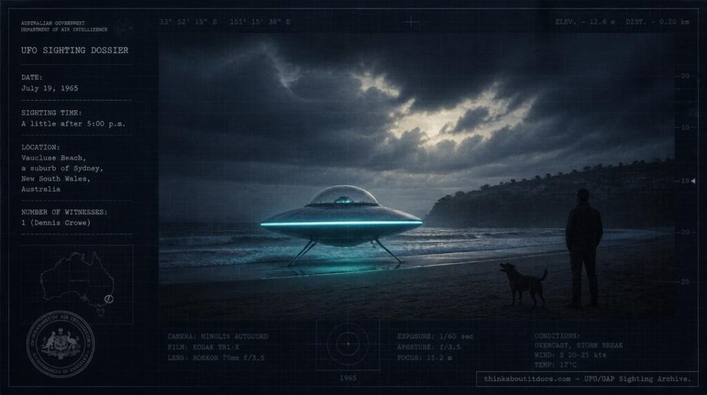 Illustration of the 1965 Vaucluse Beach, Sydney UFO landing showing a disc-shaped object with a glowing blue-green rim resting on the sand at dusk