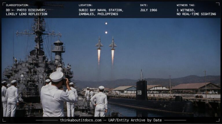 Two jet fighters climbing on afterburner over Subic Bay Naval Station with two faint round white dots aligned above them in a 1966 photo slide