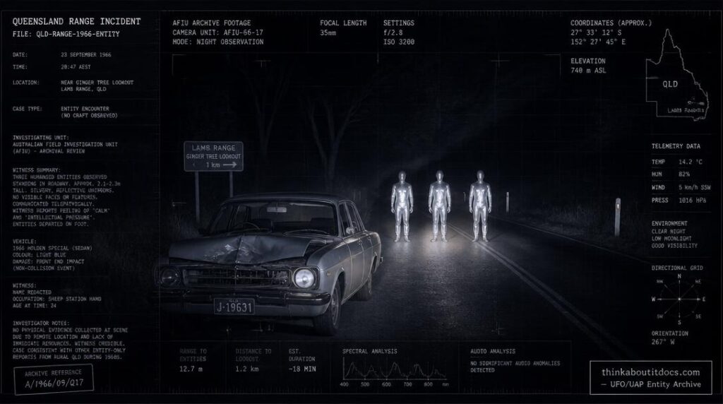 Illustration of the 1967 Calliope, Queensland entity encounter showing three humanoid figures in silver uniforms standing on a dark rural road near a car with impact damage