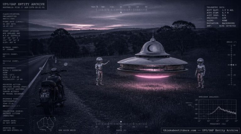 Illustration of the 1967 Wodonga, Victoria UFO encounter showing a hovering disc-shaped craft and two silver-suited humanoid figures beside a rural highway