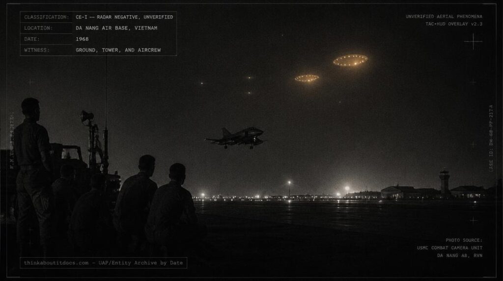 Eight lights, two resolving into oval amber-glowing shapes, trailing F-4 Phantom jets back to Da Nang Air Base, Vietnam at night, 1968