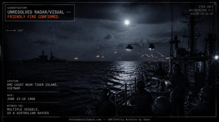 Two dim, hovering, helicopter-like objects over the South China Sea near Vietnam's DMZ at night, June 1968