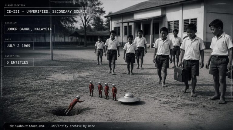 Five tiny men in red uniforms beside a dinner-plate-sized silver saucer on a Malaysian school playground, 1969