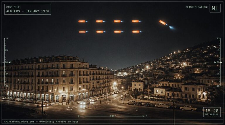 Illustration of the silent formation of glowing orange rectangular UFOs reported over Algiers, Algeria in January 1970