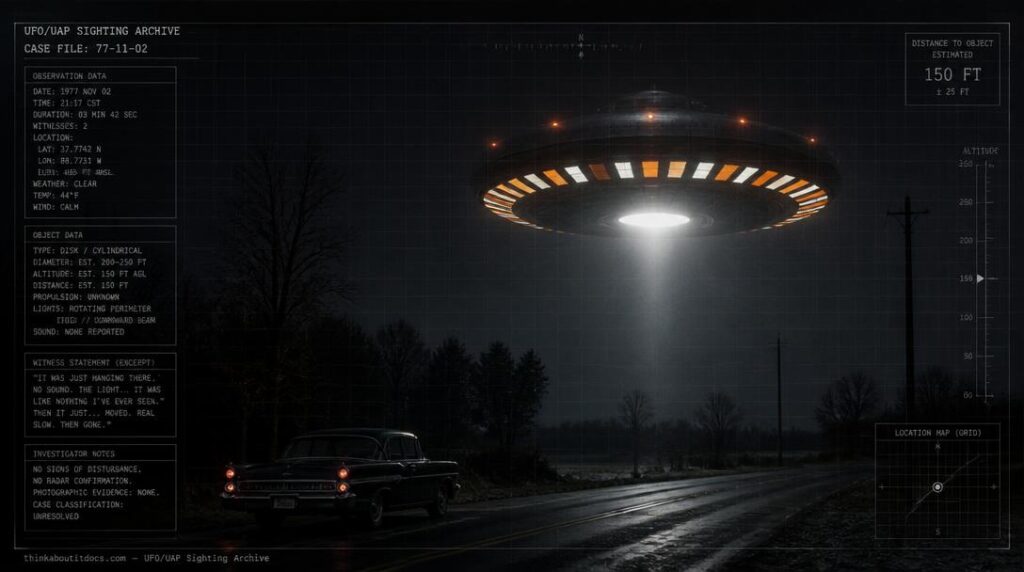 Illustration of the 1970 Mildura, Victoria UFO sighting showing a large grey object with a rotating, flashing grid base near a rural roadside at night