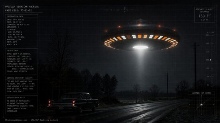Illustration of the 1970 Mildura, Victoria UFO sighting showing a large grey object with a rotating, flashing grid base near a rural roadside at night