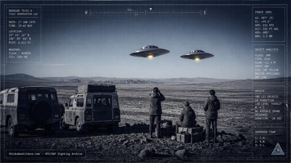 Illustration of the 1970 Tanami Desert, Northern Territory UFO sighting showing two silver disc-shaped craft with pulsing underside lights observed by three scientists