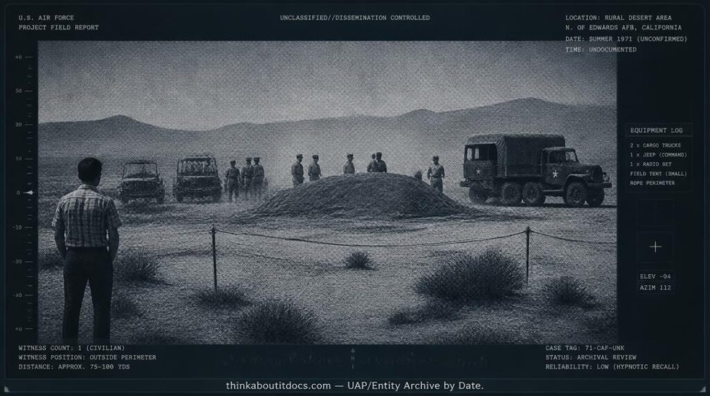 Dossier-style illustration of the unverified 1971 Edwards Air Force Base crash account showing a distant civilian watching military personnel around a canvas-covered object in the desert