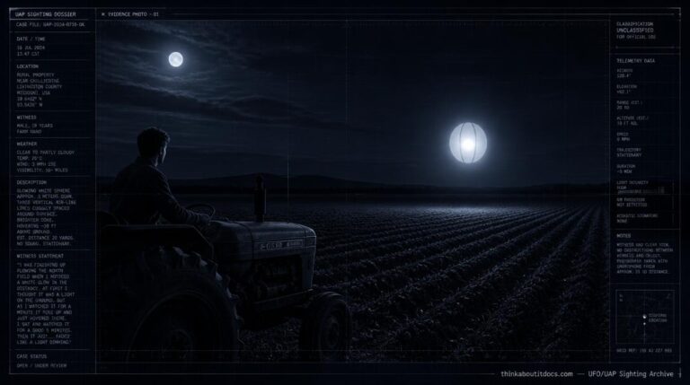 Illustration of the 1972 Garah, NSW UFO encounter showing a geometrically structured sphere of white light hovering near a tractor in a moonlit paddock