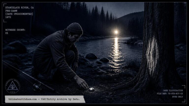 Dossier-style illustration of the 1972 Stanislaus River, California sighting showing a lone fisherman at dawn reaching for a small nugget-like object beside a pulsating light reflected on the water