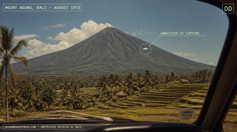 Illustration of the disc-shaped object photographed in front of Mount Agung, Bali, Indonesia by tourist Ryo Terumoto in August 1973