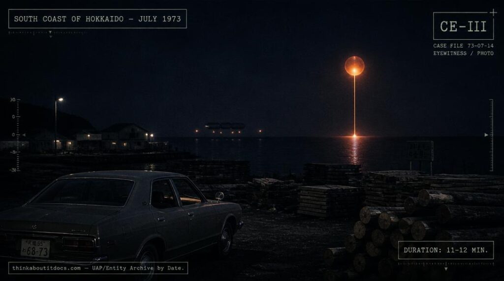 Illustration of the orange glowing orb extending a luminous tube into bay water, reported by a lumber yard night watchman on Hokkaido's south coast, Japan in July 1973