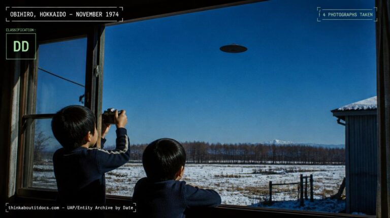 Illustration of the dark disc-shaped object photographed against a bright blue sky by twin brothers in Obihiro City, Hokkaido, Japan in November 1974