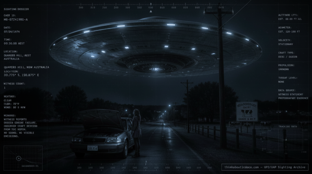 Illustration of the 1974 Quakers Hill, NSW UFO encounter showing a massive gun-metal grey disc hovering above a stalled car near a power pole