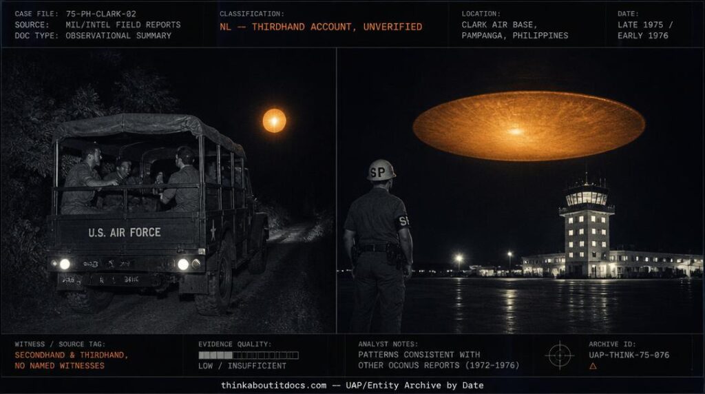 A glowing orange orb beside a military fuel truck and a massive orange disk over an airfield ramp at Clark Air Base, Philippines, 1975-1976