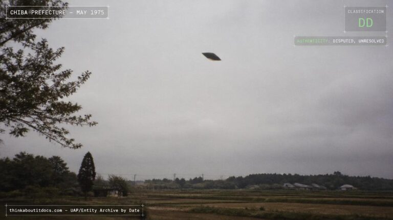 Illustration of the dark, lens-shaped object photographed descending in a falling-leaf pattern over Chiba Prefecture, Japan in May 1975