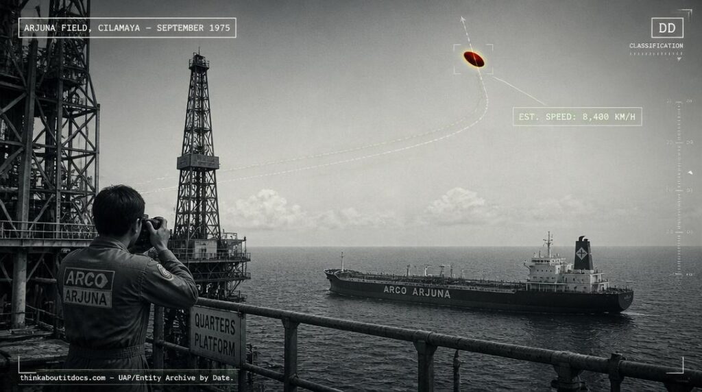 Illustration of the dark red, yellowish oval UFO photographed making a boomerang turn above the Arjuna oil field tanker near Cilamaya, Indonesia in September 1975