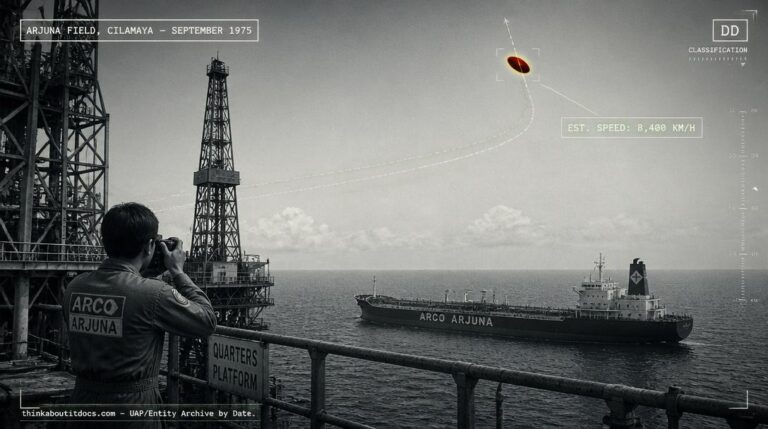 Illustration of the dark red, yellowish oval UFO photographed making a boomerang turn above the Arjuna oil field tanker near Cilamaya, Indonesia in September 1975