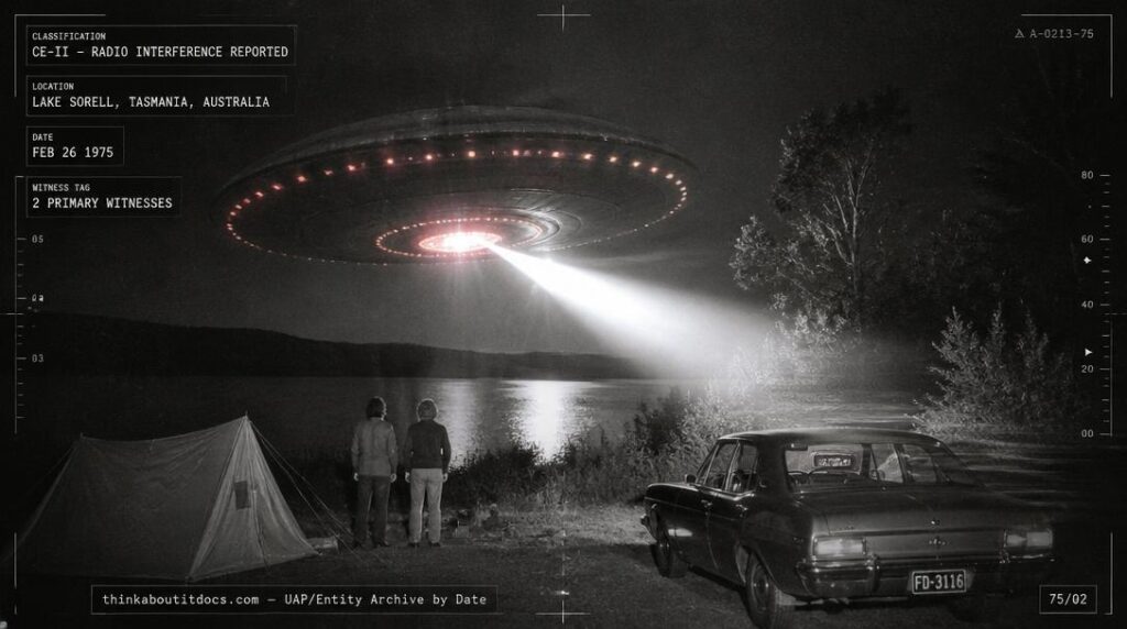 A large disc-shaped UFO with red pulsing lights sweeping a bright searchlight beam across a Tasmanian lakeshore campsite at night, February 1975