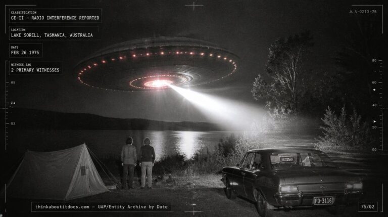 A large disc-shaped UFO with red pulsing lights sweeping a bright searchlight beam across a Tasmanian lakeshore campsite at night, February 1975