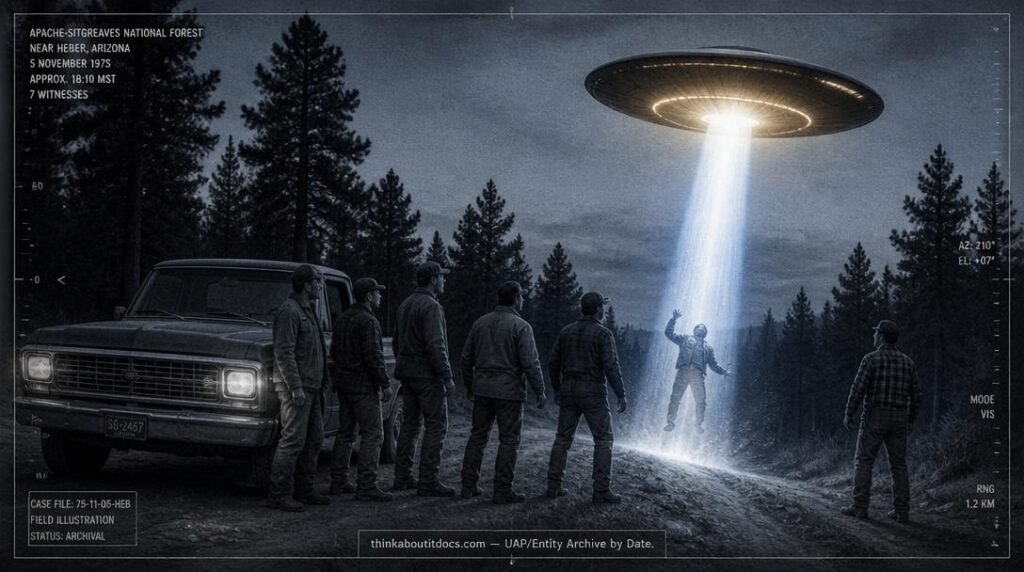 Dossier-style illustration of the 1975 Travis Walton abduction showing a forest work crew watching a witness struck by a beam from a hovering disc at dusk