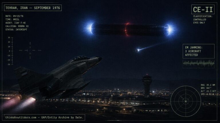 Illustration of the large cylindrical UFO with pulsating blue and red lights that jammed two Iranian F-4 Phantom jets over Tehran, Iran in September 1976