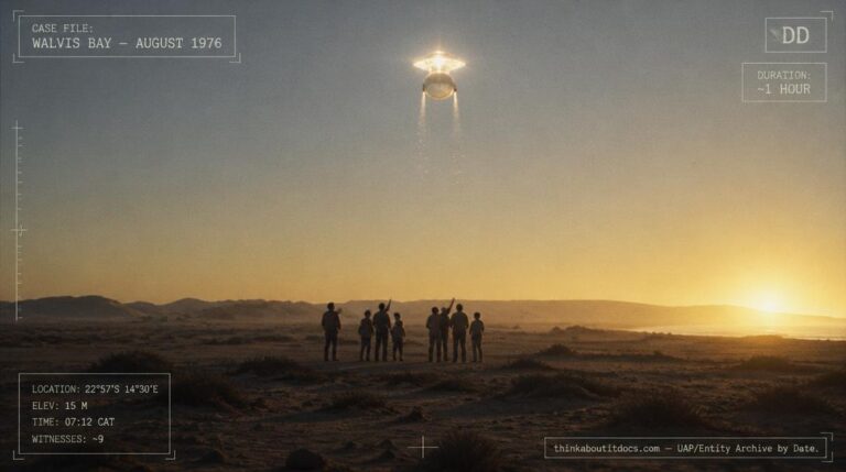 Illustration of the brilliant structured object with a shining top, ball, and light extensions reported over Walvis Bay, Namibia in August 1976
