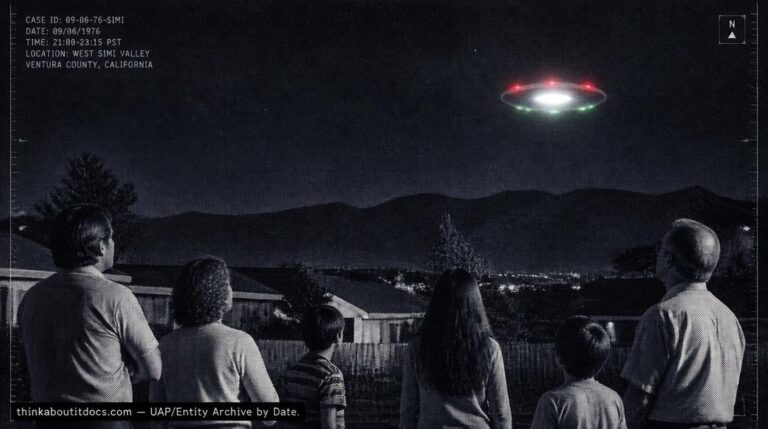 Dossier-style illustration of the 1976 West Simi Valley, California sighting showing a group of residents watching an oval object with red, green, and white lights hovering over mountains