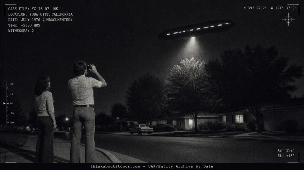 Dossier-style illustration of the 1976 Yuba City, California sighting showing a man with binoculars watching a dark cigar-shaped object with lit windows hovering silently over treetops at night