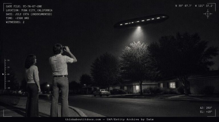 Dossier-style illustration of the 1976 Yuba City, California sighting showing a man with binoculars watching a dark cigar-shaped object with lit windows hovering silently over treetops at night