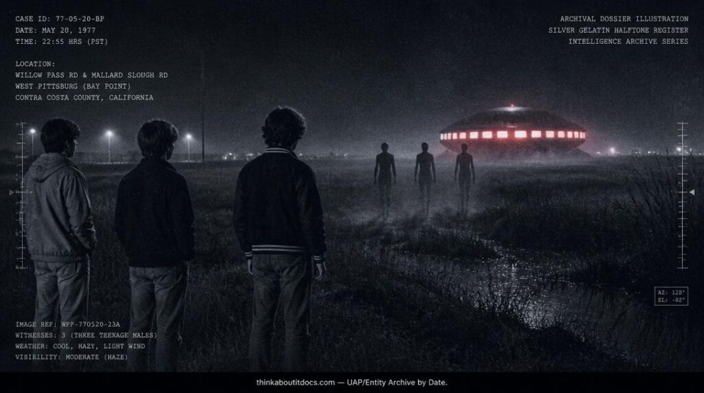 Dossier-style illustration of the 1977 West Pittsburg, California encounter showing three teenage boys watching dark faceless figures approach through mist near a landed lighted object