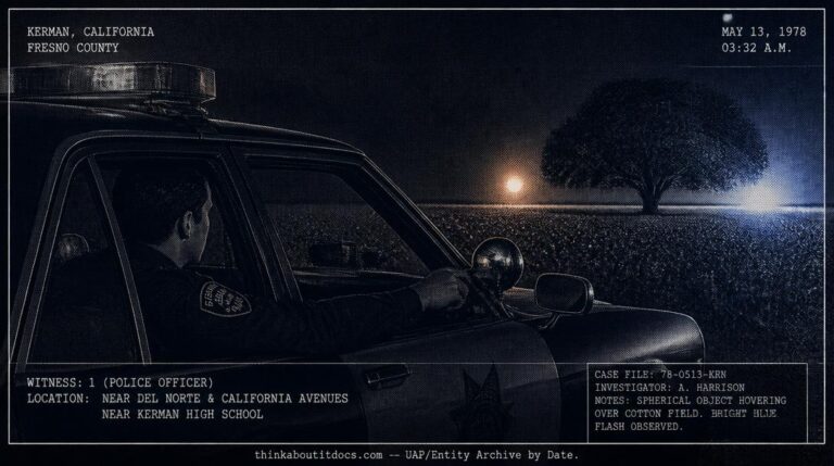 Dossier-style illustration of the 1978 Kerman, California sighting showing a police officer in his patrol car watching a glowing orange sphere flash blue over a cotton field at night