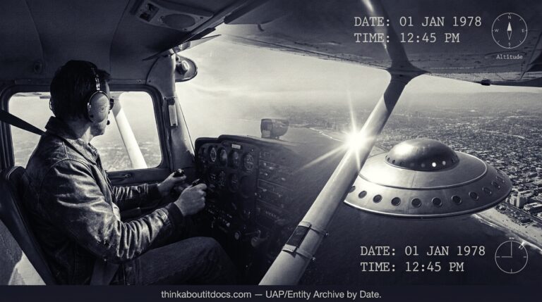 Dossier-style illustration of the 1978 Santa Monica, California pilot sighting showing a domed, windowed disc passing below a small aircraft in daylight