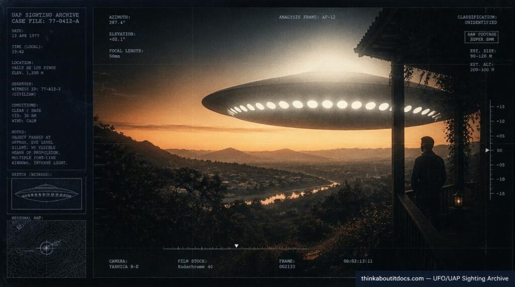 Illustration of the 1982 Canungra, Queensland UFO sighting showing a huge disc-shaped object with glowing circular windows gliding past a hillside veranda at dusk