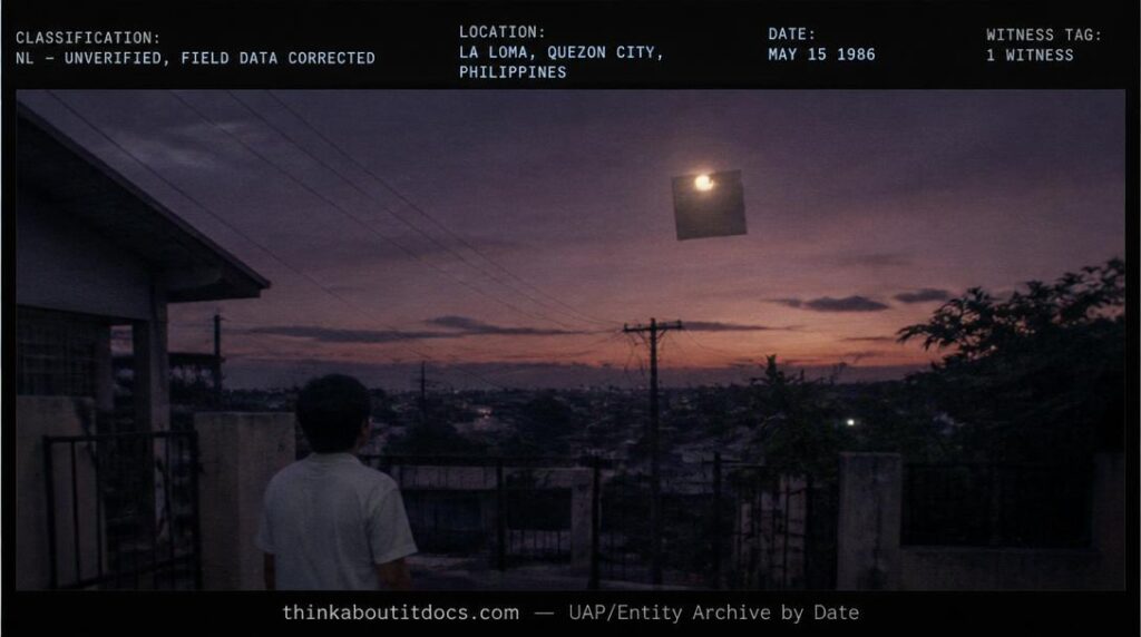 A large, square-shaped, light-covered object drifting over La Loma, Quezon City, Philippines at twilight, May 1986