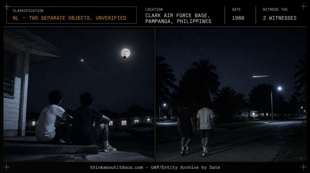 A wingless circular object crossing the moon and a separate low-altitude streak of light over Clark Air Force Base, Philippines, 1988