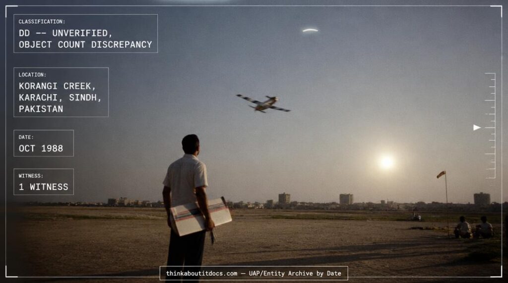 A white, boomerang-shaped object spinning in the daylight sky above a model-airplane flying field at Korangi Creek, Karachi, Pakistan, October 1988