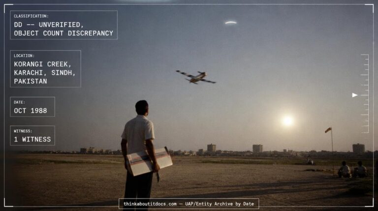 A white, boomerang-shaped object spinning in the daylight sky above a model-airplane flying field at Korangi Creek, Karachi, Pakistan, October 1988