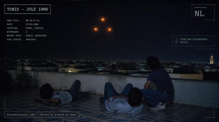 Illustration of three orange lights in triangular formation reported over a rooftop terrace in Tunis, Tunisia in July 1988