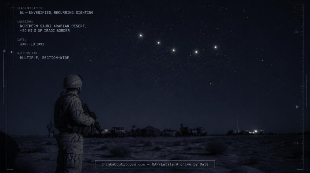 Five star-bright lights in a silent V formation over a military perimeter in the northern Saudi Arabian desert during Desert Storm, 1991