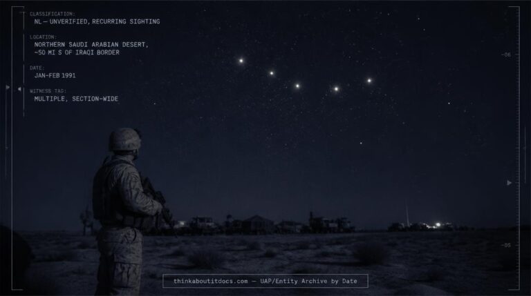 Five star-bright lights in a silent V formation over a military perimeter in the northern Saudi Arabian desert during Desert Storm, 1991