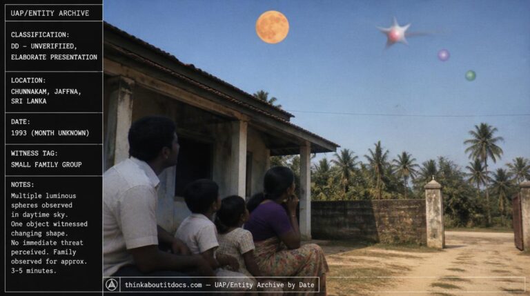 Multiple colored, moon-like spheres and a splitting star-shaped object in the daytime sky over Chunnakam, Jaffna, Sri Lanka, 1993