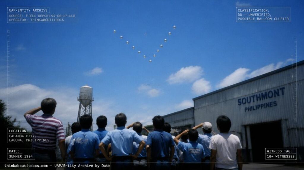 Twenty-one shiny circular metallic objects in a V-formation over a factory in Calamba City, Laguna, Philippines, summer 1994