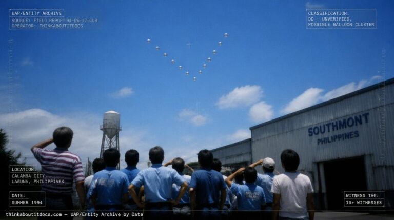 Twenty-one shiny circular metallic objects in a V-formation over a factory in Calamba City, Laguna, Philippines, summer 1994
