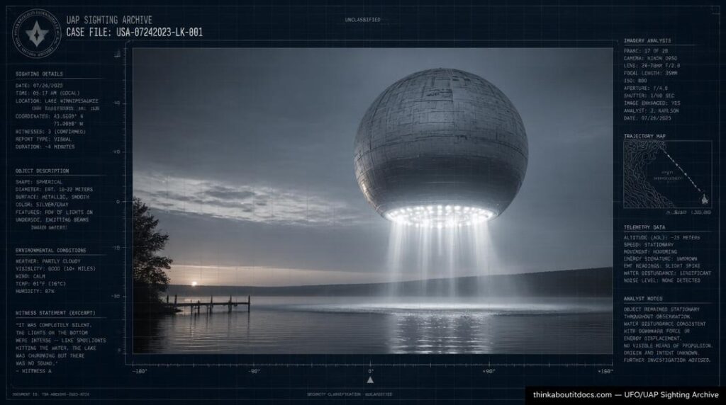 Illustration of the 1994 Gosford, Australia UFO sighting showing a huge silver ball-shaped object with light beams hovering over a lake at dawn