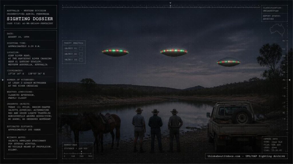 Illustration of the 1994 Pentecost River, El Questro Station UFO sighting showing three saucer-shaped objects with red and green lights hovering over an outback river crossing