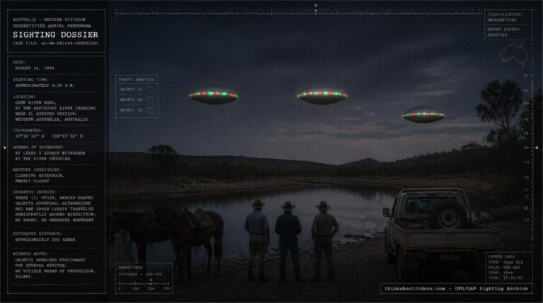 Illustration of the 1994 Pentecost River, El Questro Station UFO sighting showing three saucer-shaped objects with red and green lights hovering over an outback river crossing