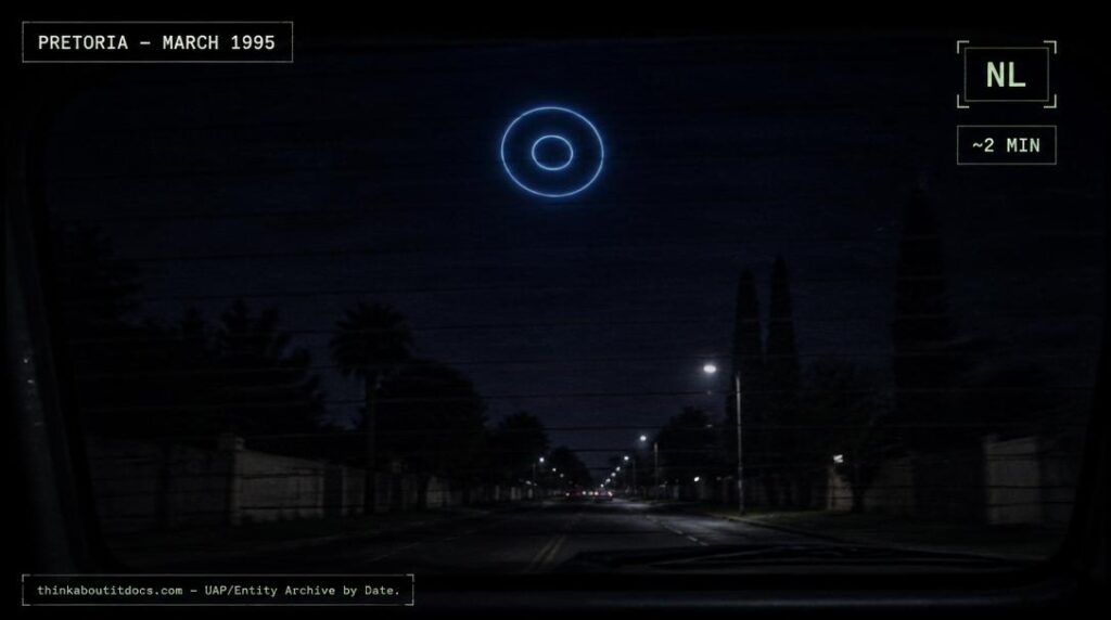 Illustration of the round, light-blue ringed object reported over Pretoria, Gauteng, South Africa in the early hours of March 31, 1995